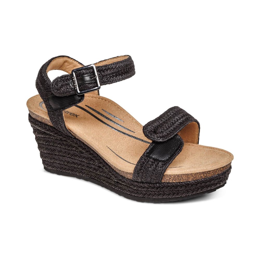 Aetrex Women's Sydney Quarter Strap Espadrille Wedge Sandals - Black | USA 4V13SDW